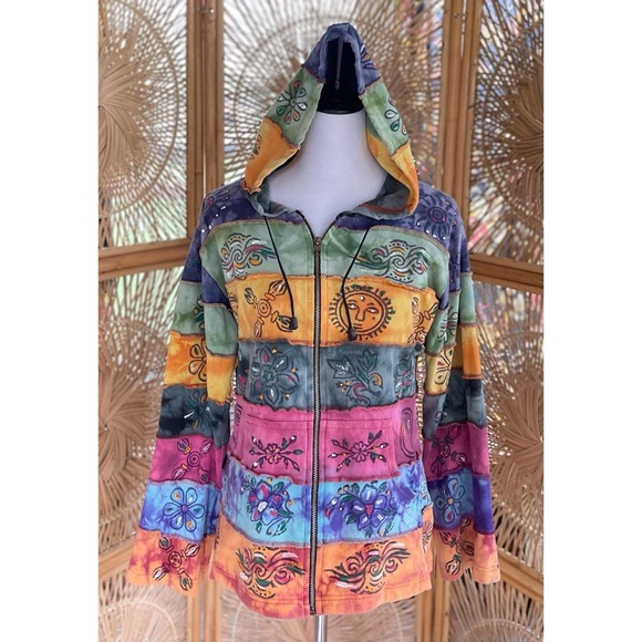 Rising International Multicolor Tie Dye Painted Layer Boho Hippie Hooded Jacket - Picture 5 of 5